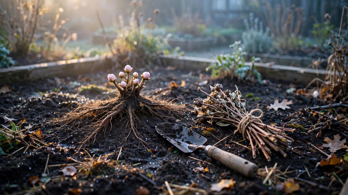 Bare-root peony division with pale pink eye buds on dark soil beside a hand trowel in an October garden bed at dawn