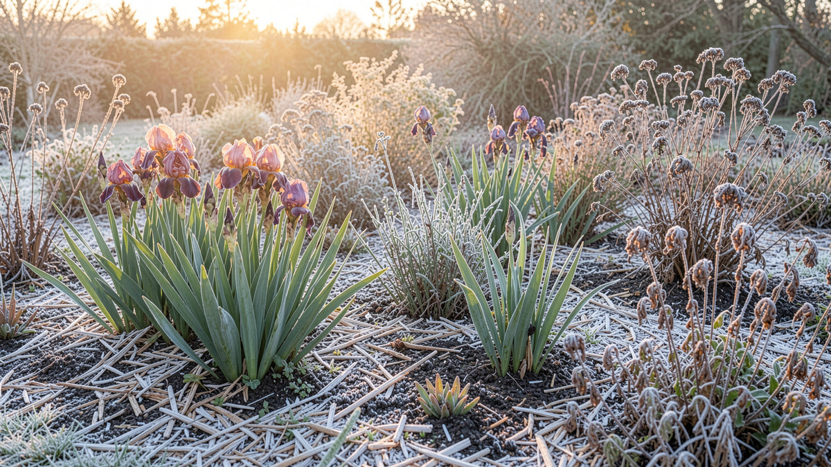 Dormant perennial garden bed dusted with frost in late autumn, prepared with low nitrogen fertilizer for winter hardiness.