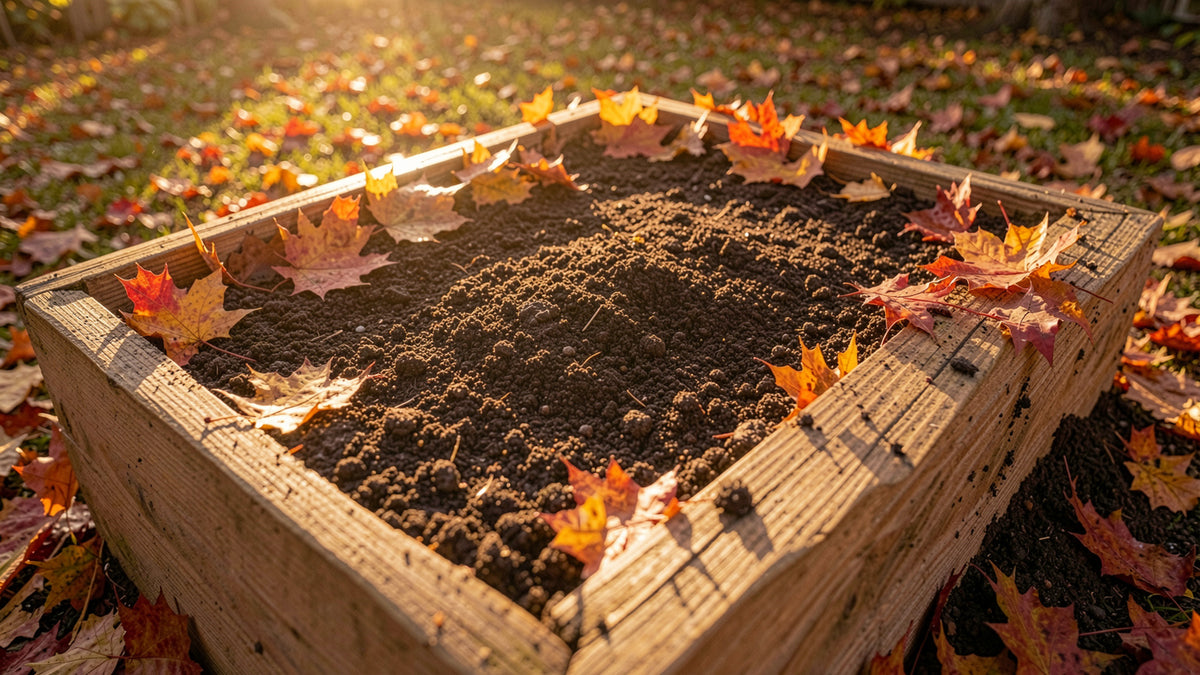 Autumn wooden raised bed with the best organic soil for vegetable garden beds surrounded by fallen maple leaves