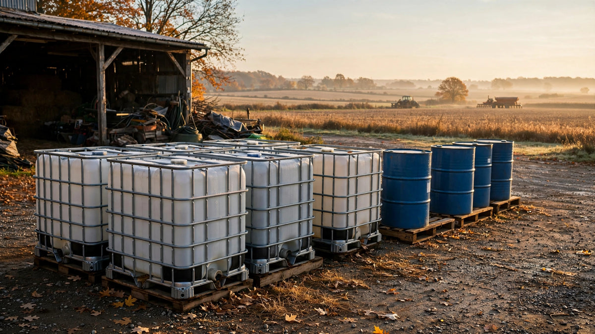 Farm shop yard at dawn in autumn with industrial 275-gallon totes and blue 55-gallon fertilizer drums on pallets, fields behi