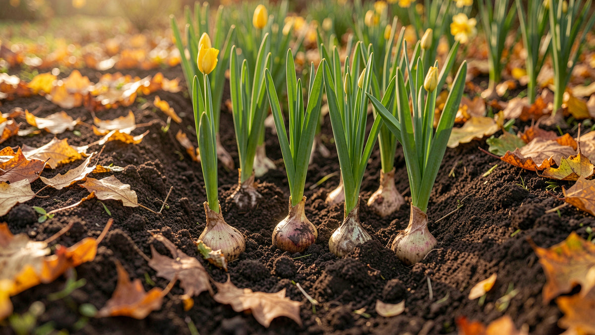 Spring flower bulbs resting in an autumn trench prepared with liquid bulb fertilizer