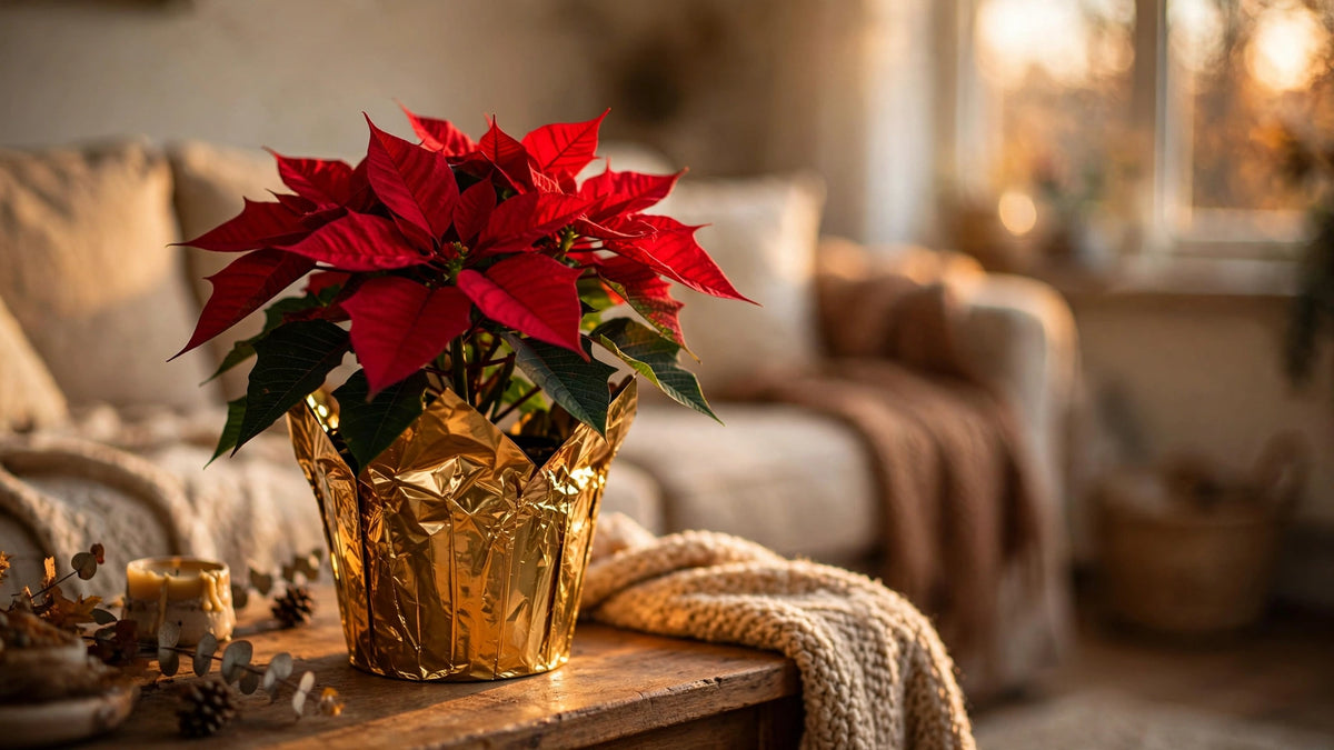 Red poinsettia in a gold foil sleeve on a living room side table in late October, lit by soft window light