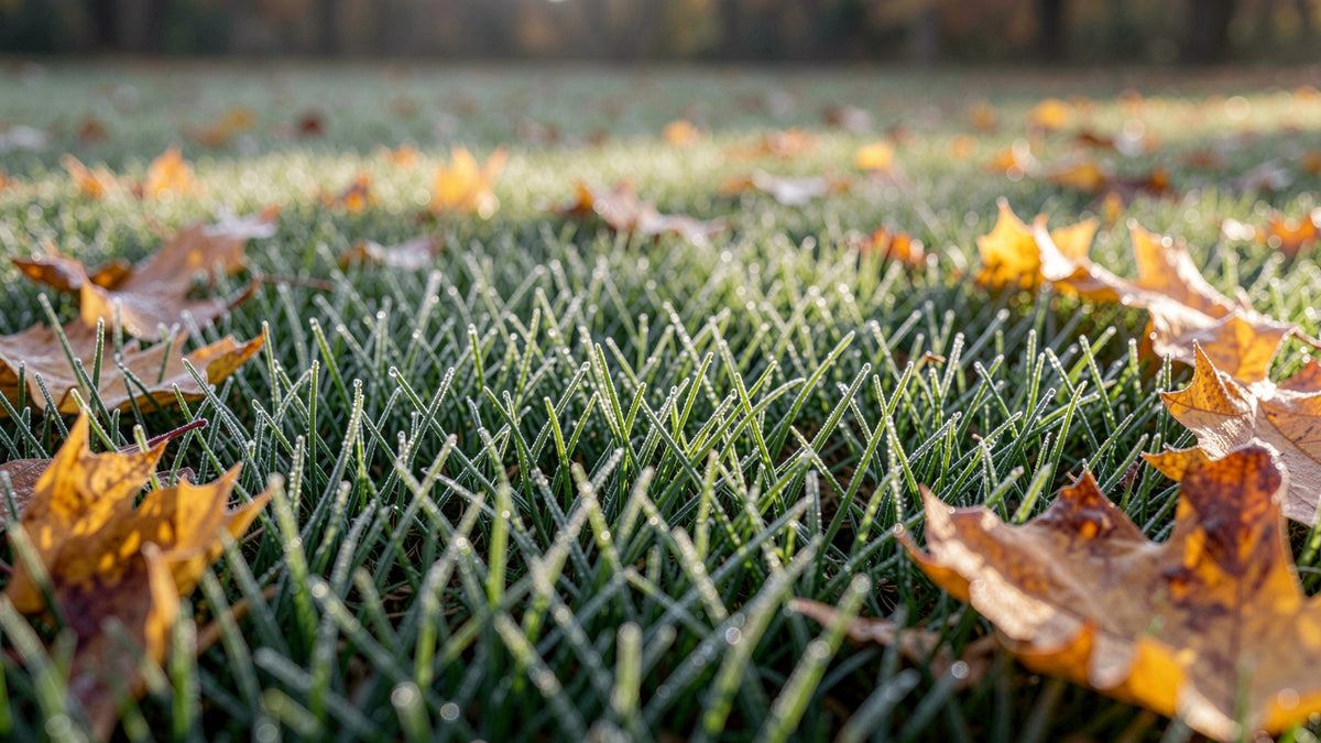 Dew and light frost on green autumn grass, showing when to apply winterizer fertilizer before freezing weather.