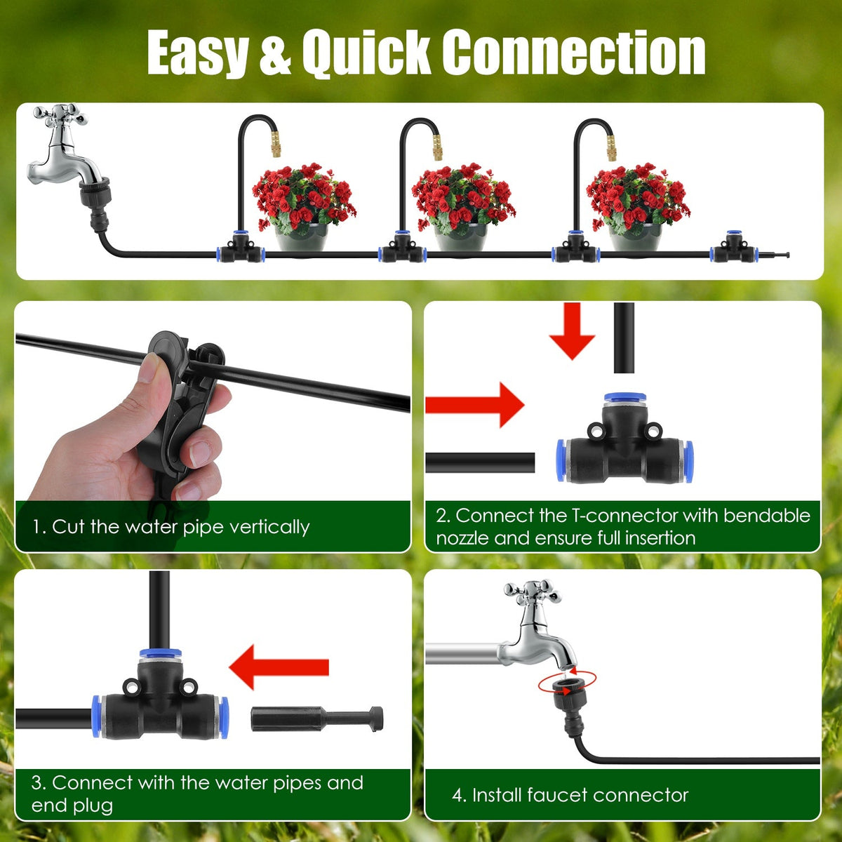 360° Bendable Drip Irrigation System with 49FT 5/8” Tubing Hose 5/16” Faucet Connector Automatic Watering Misting Kit For Garden Greenhouse Yard Lawn
