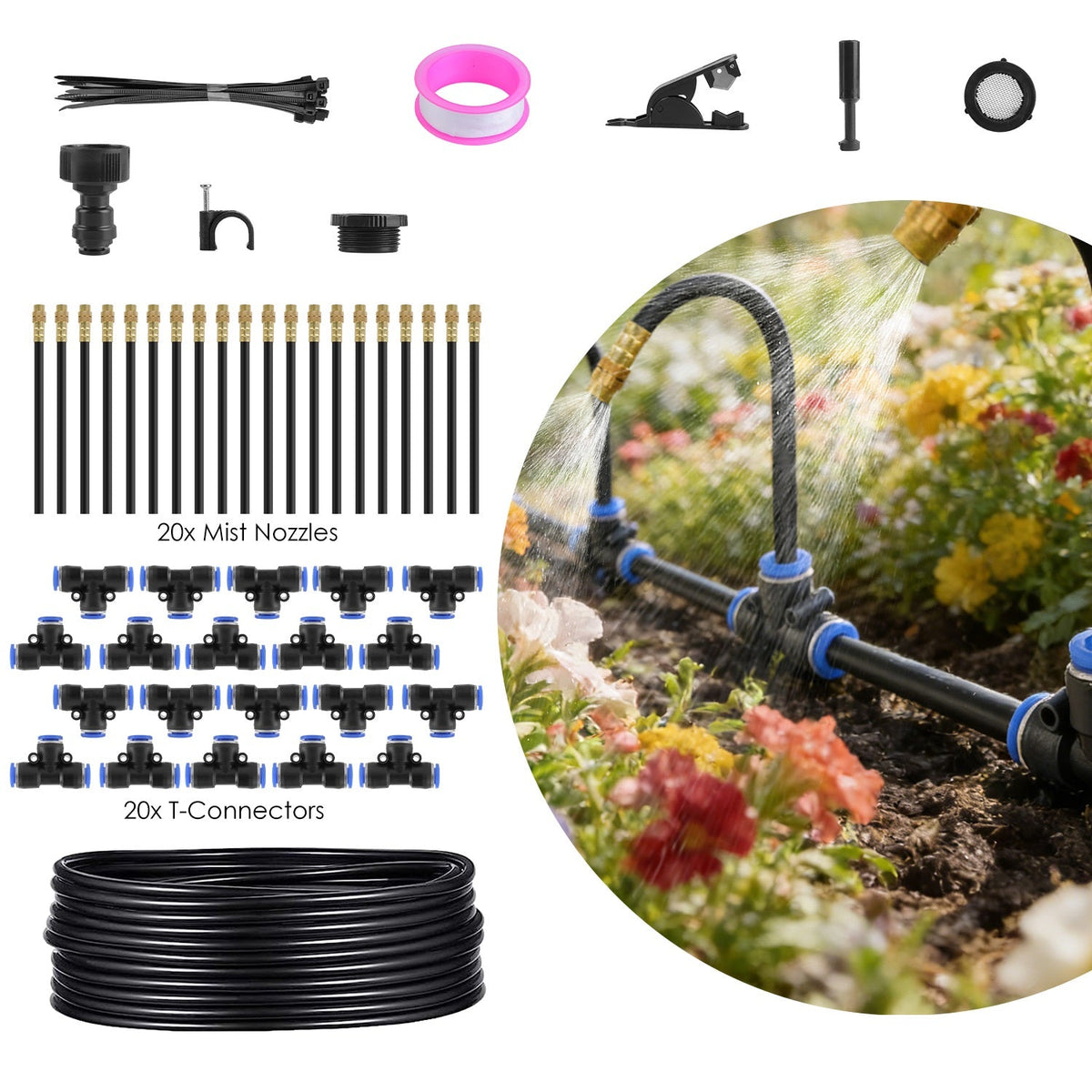 360° Bendable Drip Irrigation System with 49FT 5/8” Tubing Hose 5/16” Faucet Connector Automatic Watering Misting Kit For Garden Greenhouse Yard Lawn
