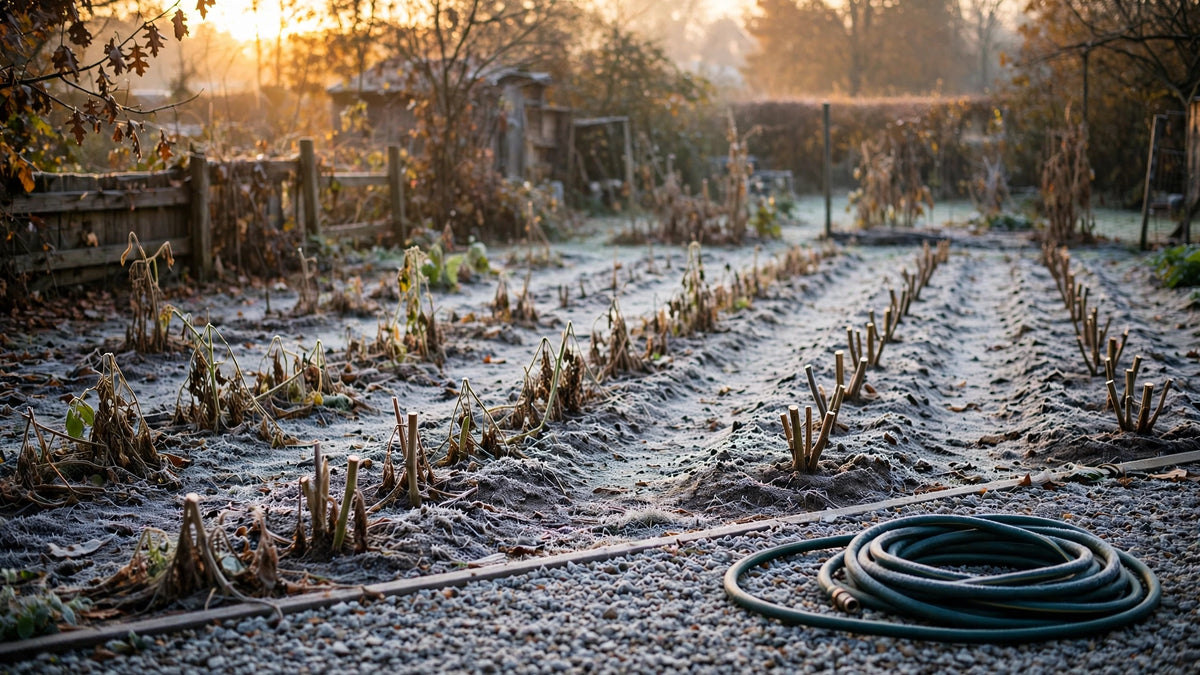 Frosted backyard garden bed in late October, cut stalks on bare soil, ready for organic compost