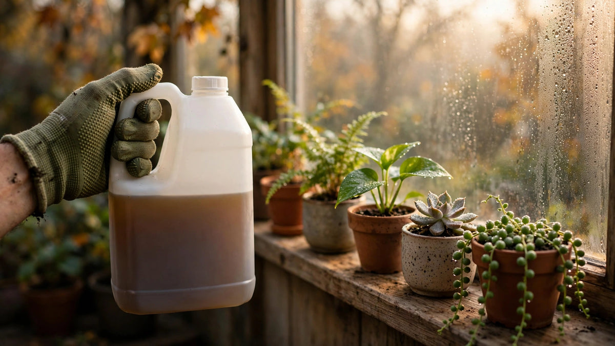 Gloved hand holding a white jug of liquid seaweed fertilizer beside houseplants on a windowsill in morning light