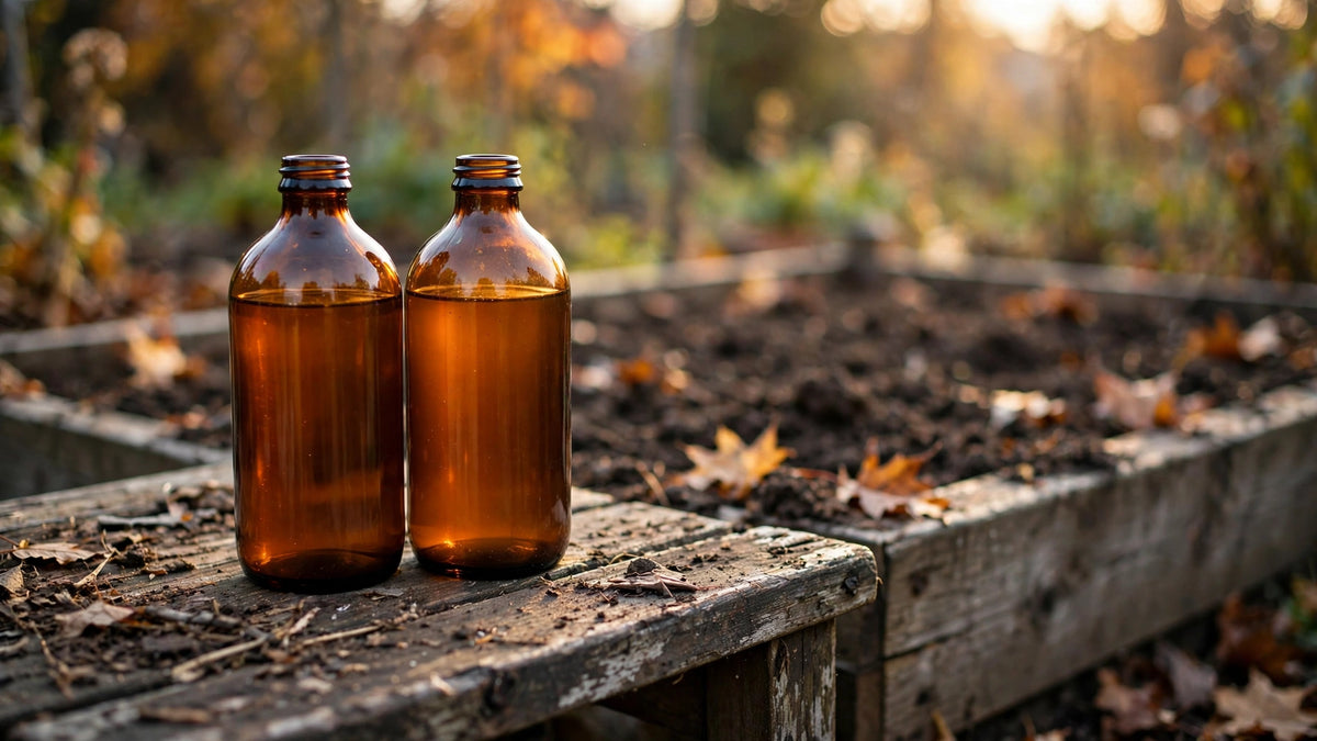 Two plain amber bottles of liquid fish fertilizer on a potting bench beside a garden bed in soft autumn light