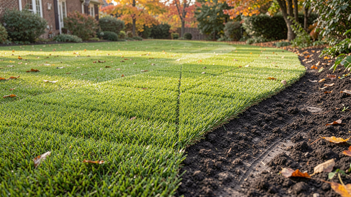 Fresh turf rolls unrolled across dark garden soil, ready for new sod starter fertilizer on an autumn lawn.