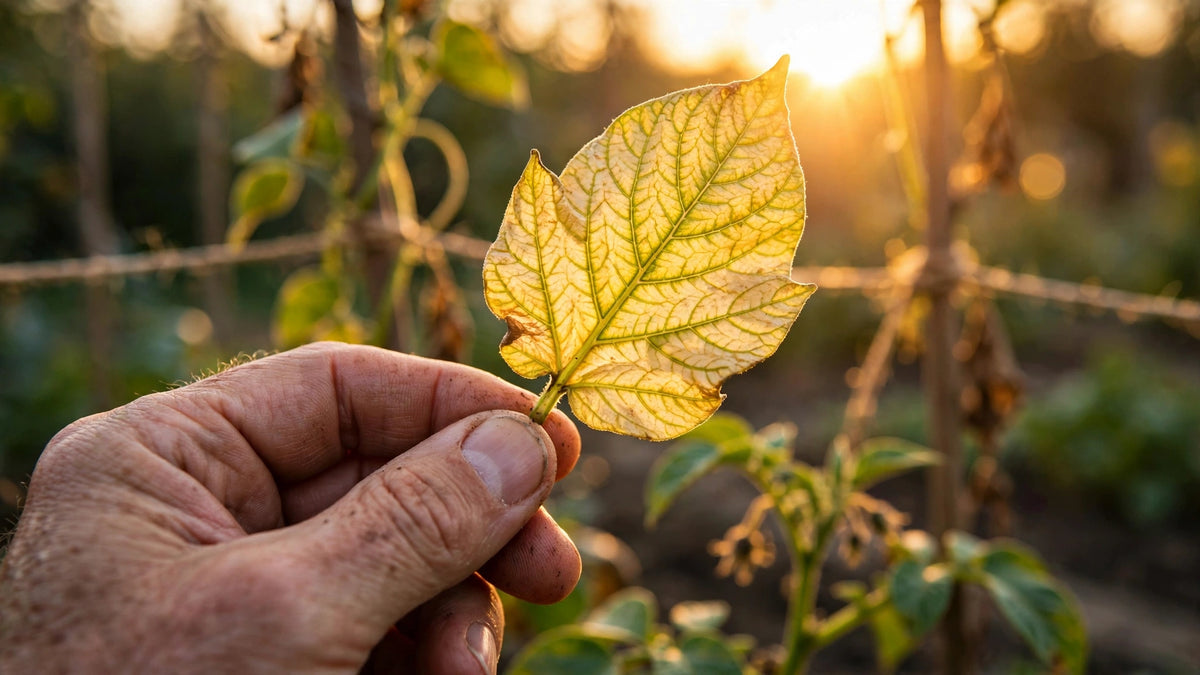 Gardener holding a yellowing potato leaf up to low autumn sun, with the green veins showing through pale yellow tissue