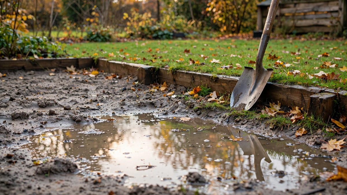 Puddle on grey-brown clay soil in an autumn backyard, where deciding how much gypsum to add to soil often starts