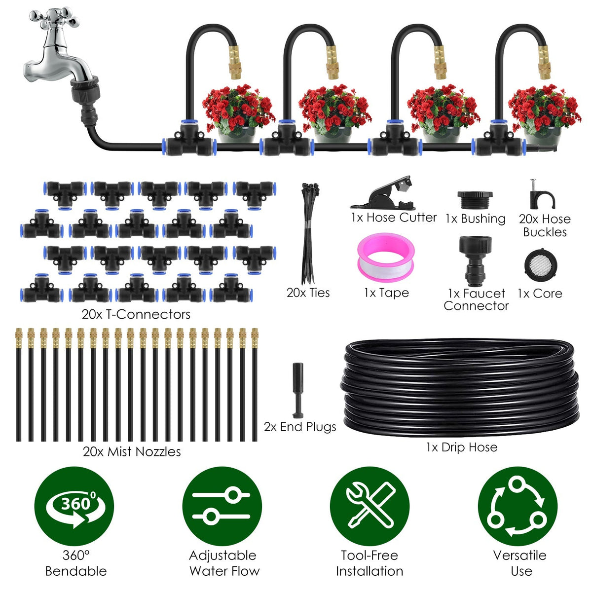 360° Bendable Drip Irrigation System with 49FT 5/8” Tubing Hose 5/16” Faucet Connector Automatic Watering Misting Kit For Garden Greenhouse Yard Lawn