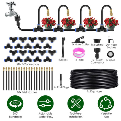 360° Bendable Drip Irrigation System with 49FT 5/8” Tubing Hose 5/16” Faucet Connector Automatic Watering Misting Kit For Garden Greenhouse Yard Lawn